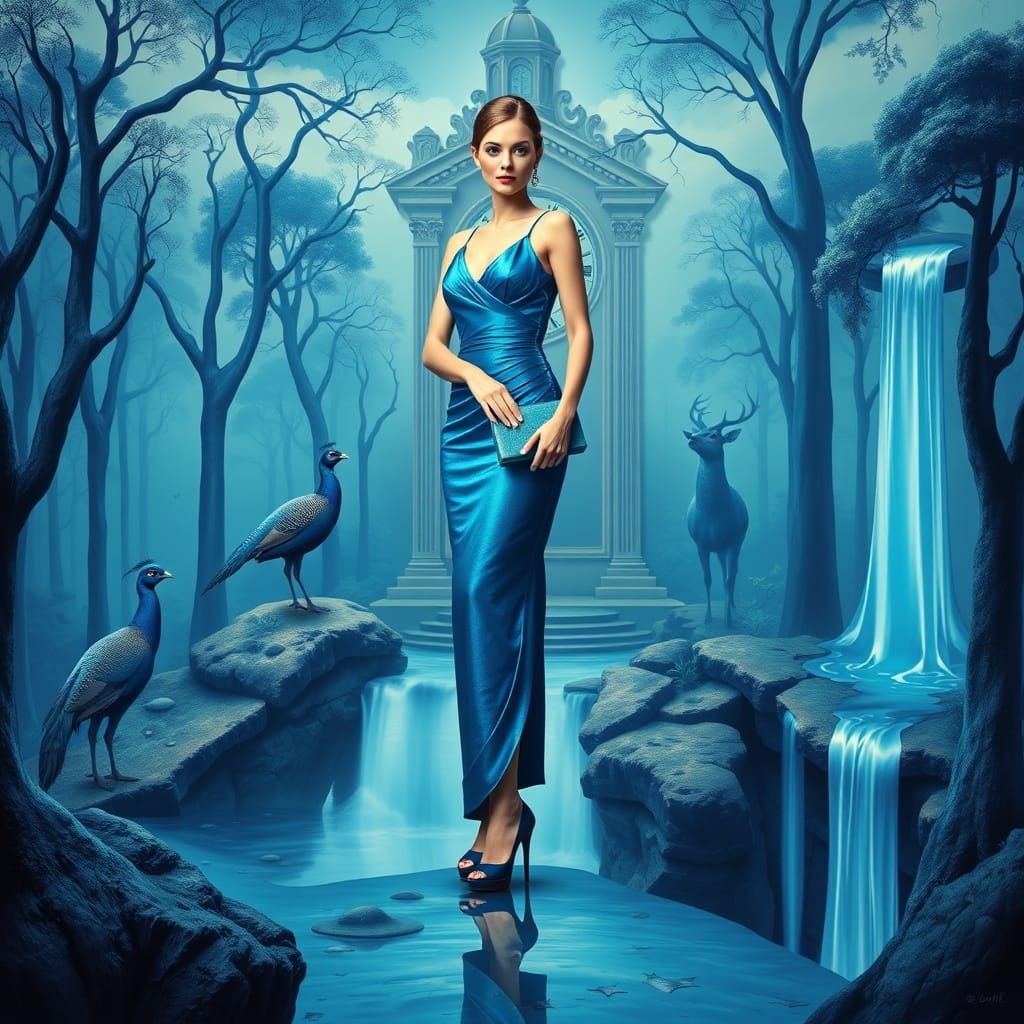 Model in Azure Dress in Surreal Floating Palace
