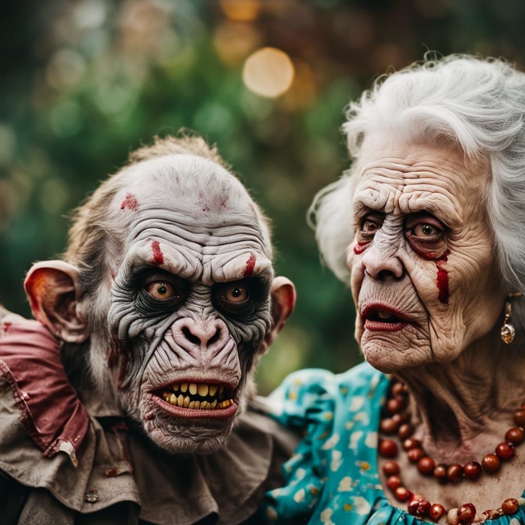 Elderly Woman Comforts Fierce Zombie Monkey Monster Toddler