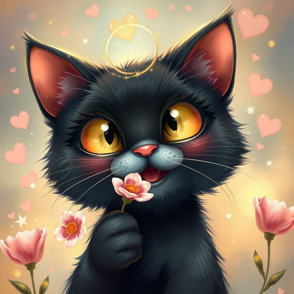 Whimsical Black Cat Surrounded by Hearts and Sparkles in Dre...