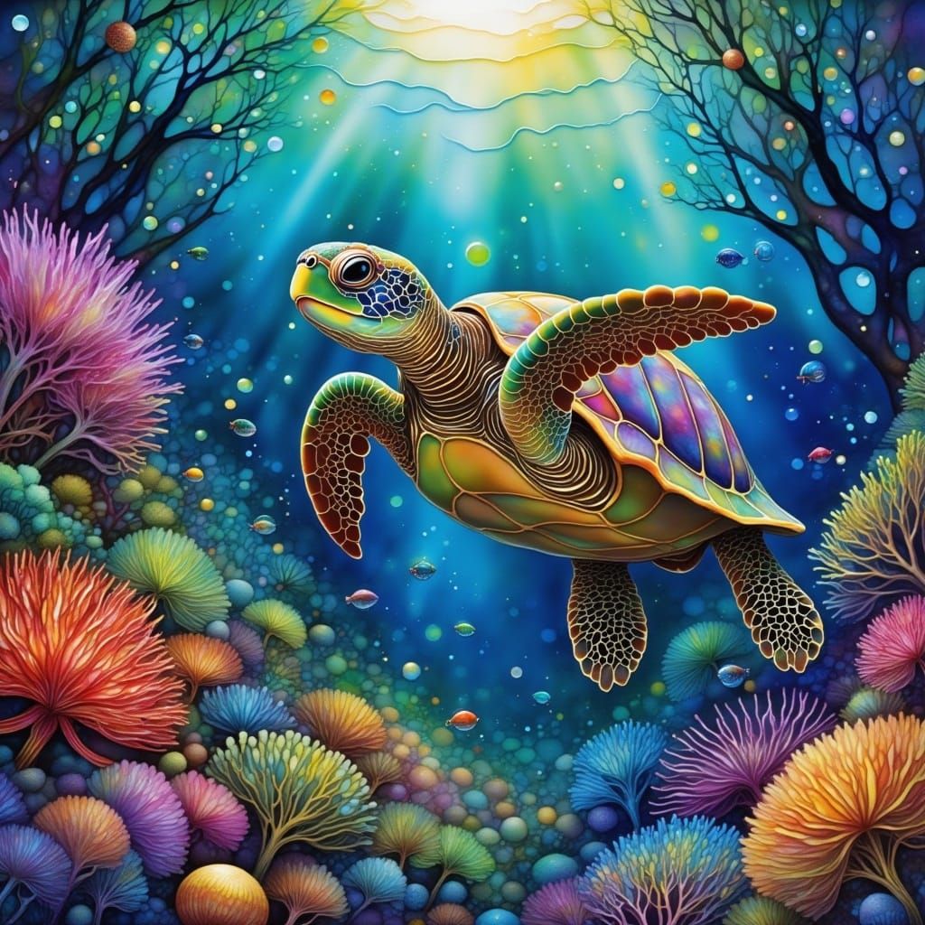 Sea Turtle's Coral Reef Dreamscape: Fantasy Art