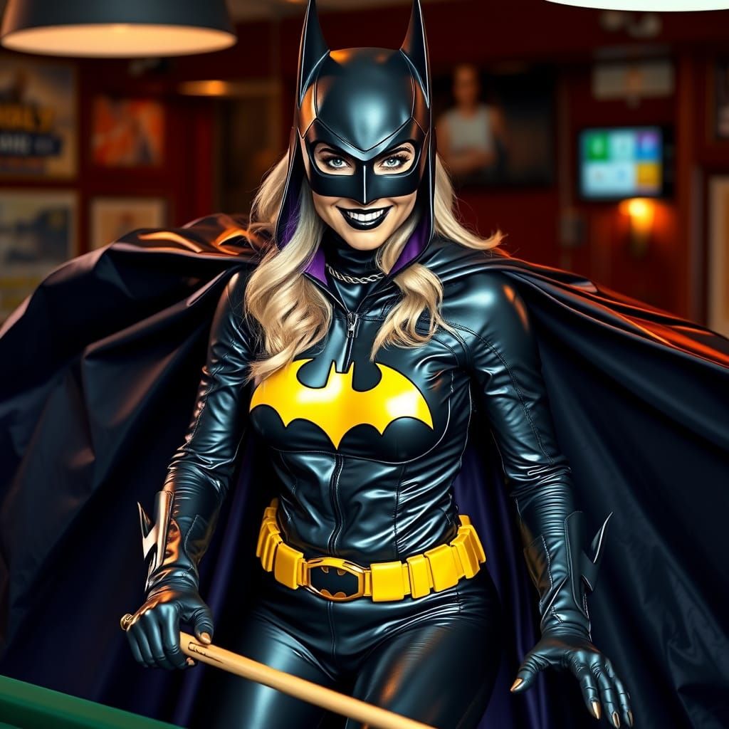 Glamorous Batgirl Smiles at Pool Table
