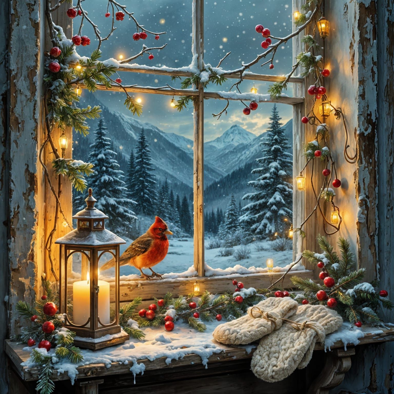 Cozy Winter Window Scene with Cardinal and Fairy Lights