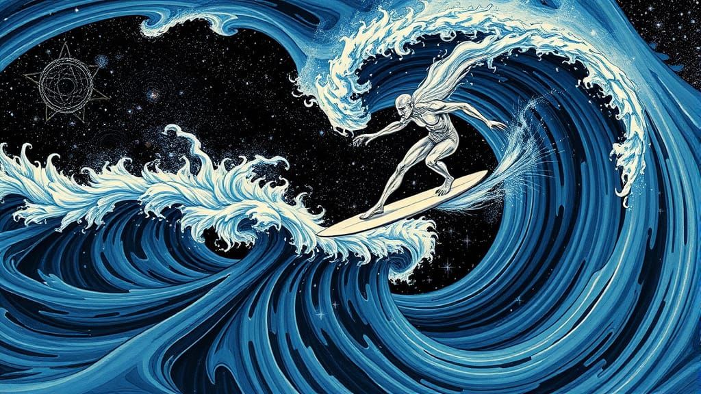 Silver Surfer on Cosmic Wave in Psychedelic Art Deco