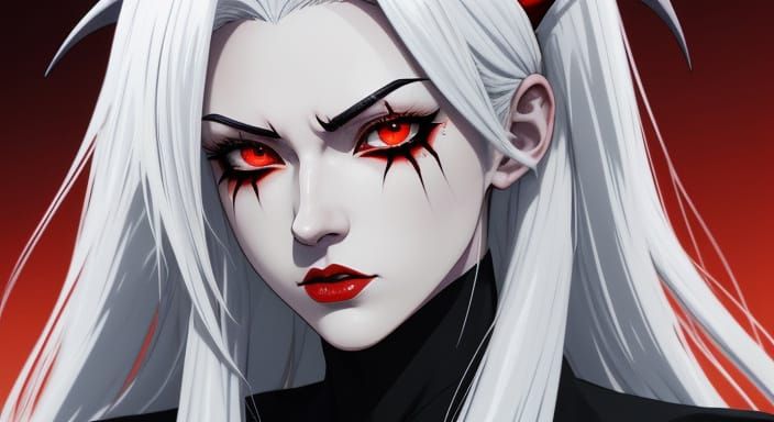 Anime Devil Girl With White and Red Hair