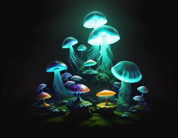 Giant Jellyfish over Glowing Toadstools in Misty Forest