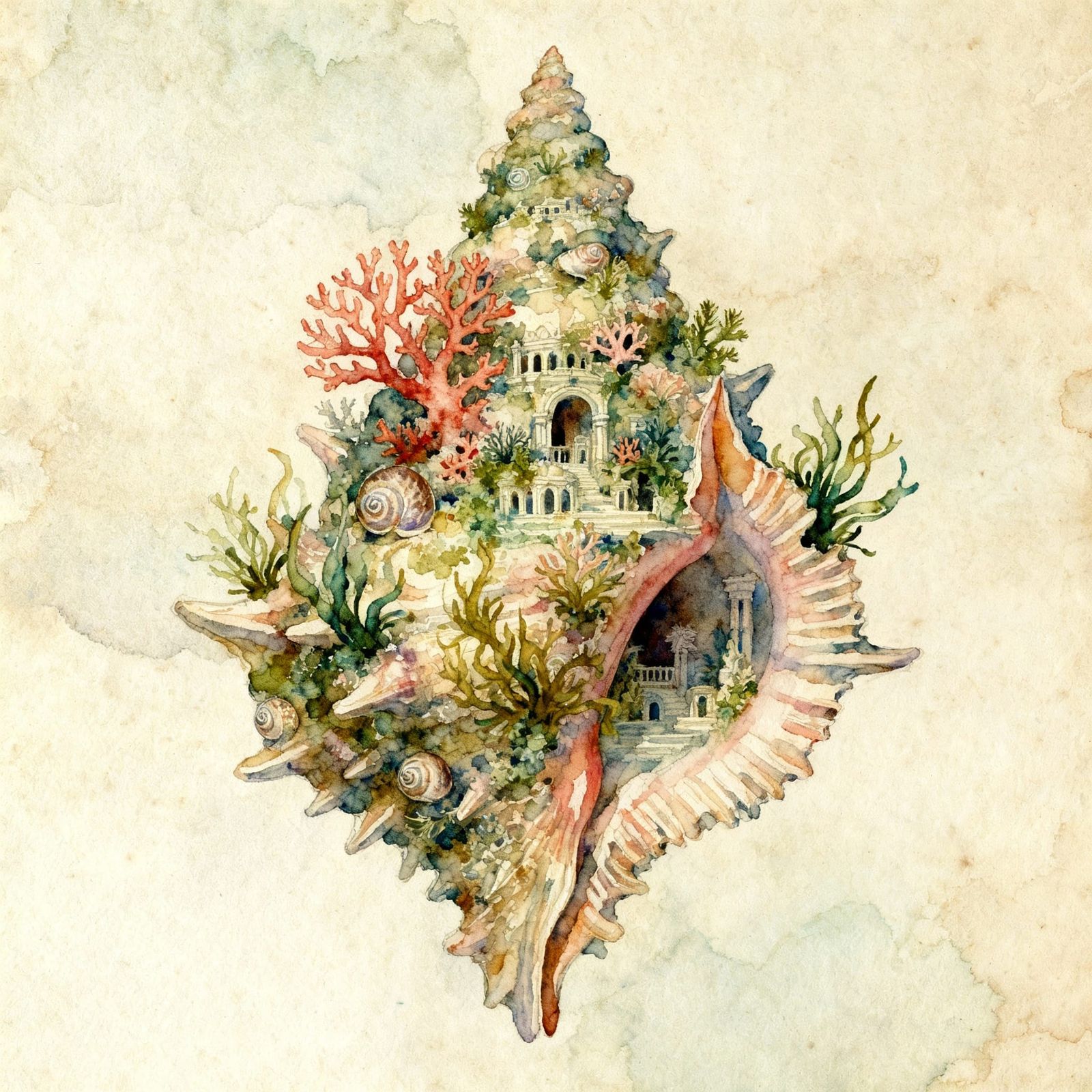 Surreal Conch Made of Coral and Seaweed in Watercolor Style