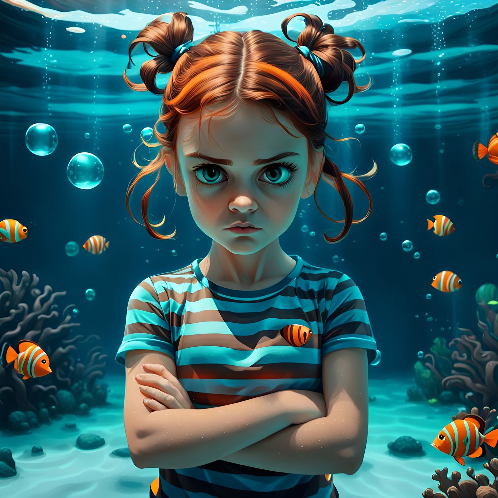 Underwater Portrait of an Angry Girl in Bioluminescent Light