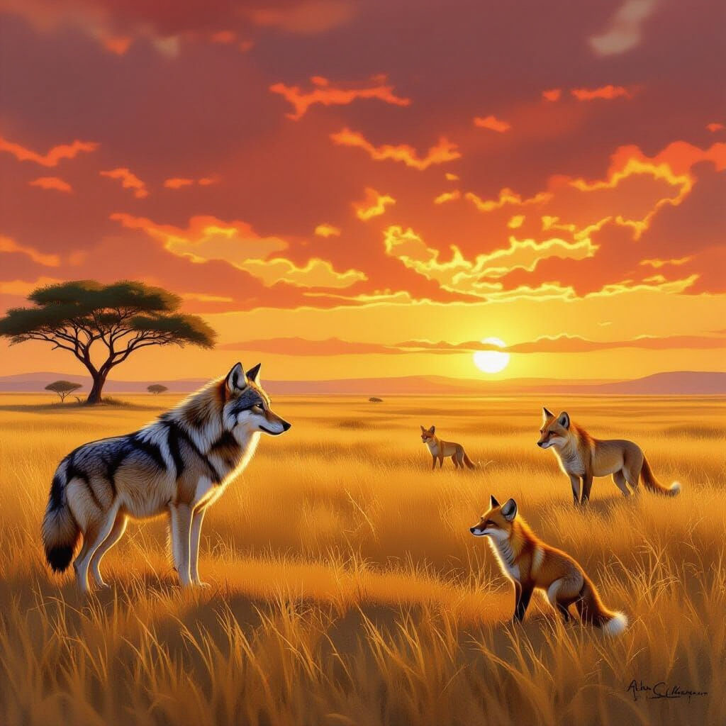 Wolf Guardian Teaches Children on Golden Savannah