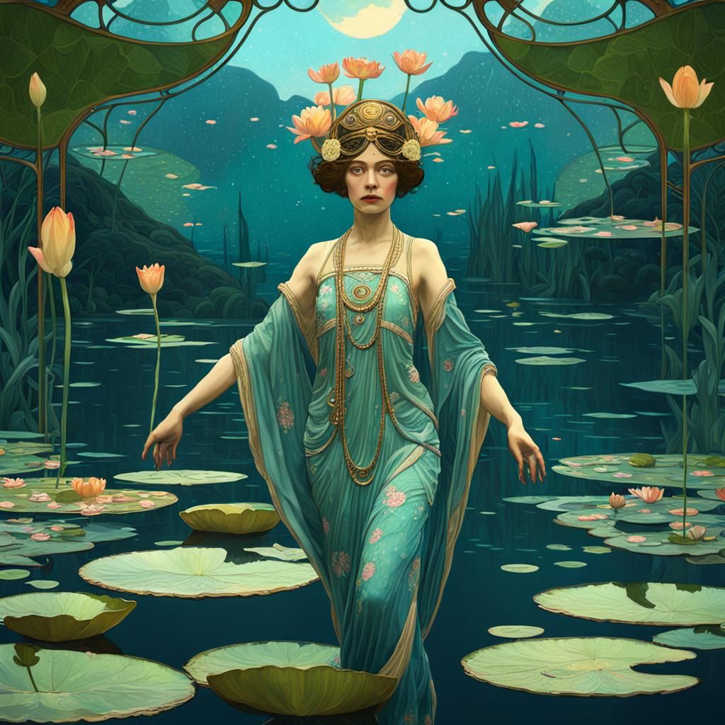 Art Nouveau Woman in Lily Pad Pond