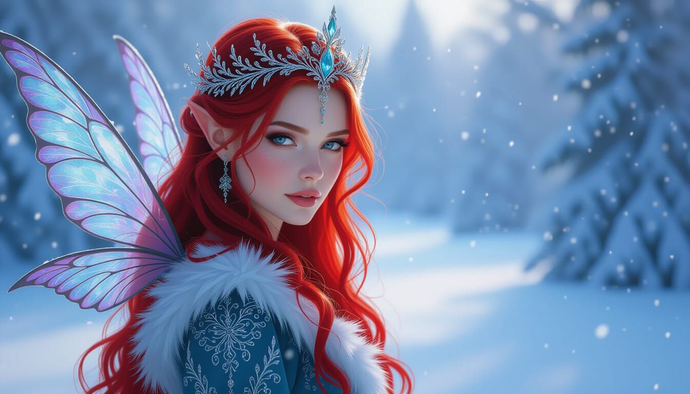 Enchanting Winter Fairy with Red Hair and Headdress