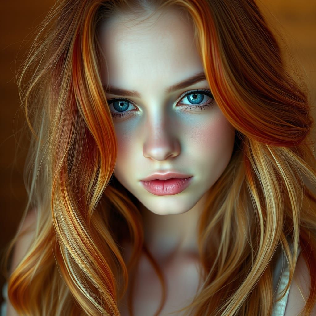 Beautiful Blonde with Red Ombré Hair, Summer Portrait