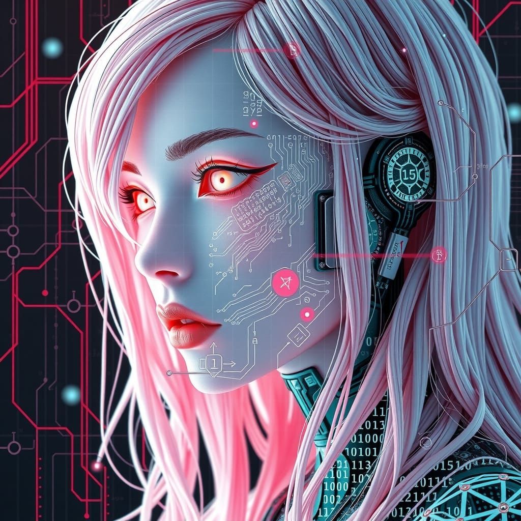 Android Siren with Digital Circuitry and Fractal Art