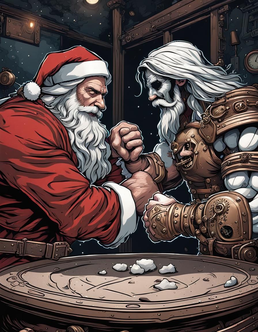 Steampunk Santa Arm Wrestles Jesus, Illustrated Art