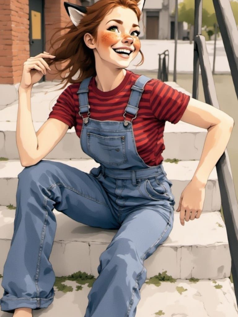 Fox-girl Vixen Sitting on concrete stairs.