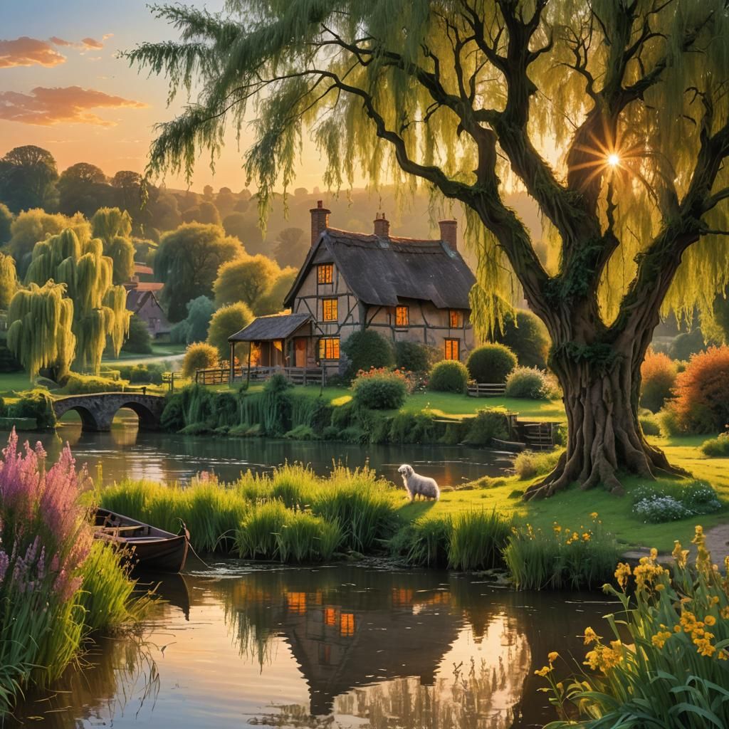 Medieval Cottage Sunset: Fantasy Concept Art