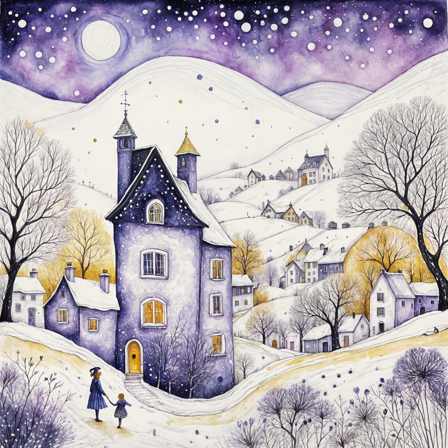 Cozy Winter Village in Entangled Alcohol Ink Drawing