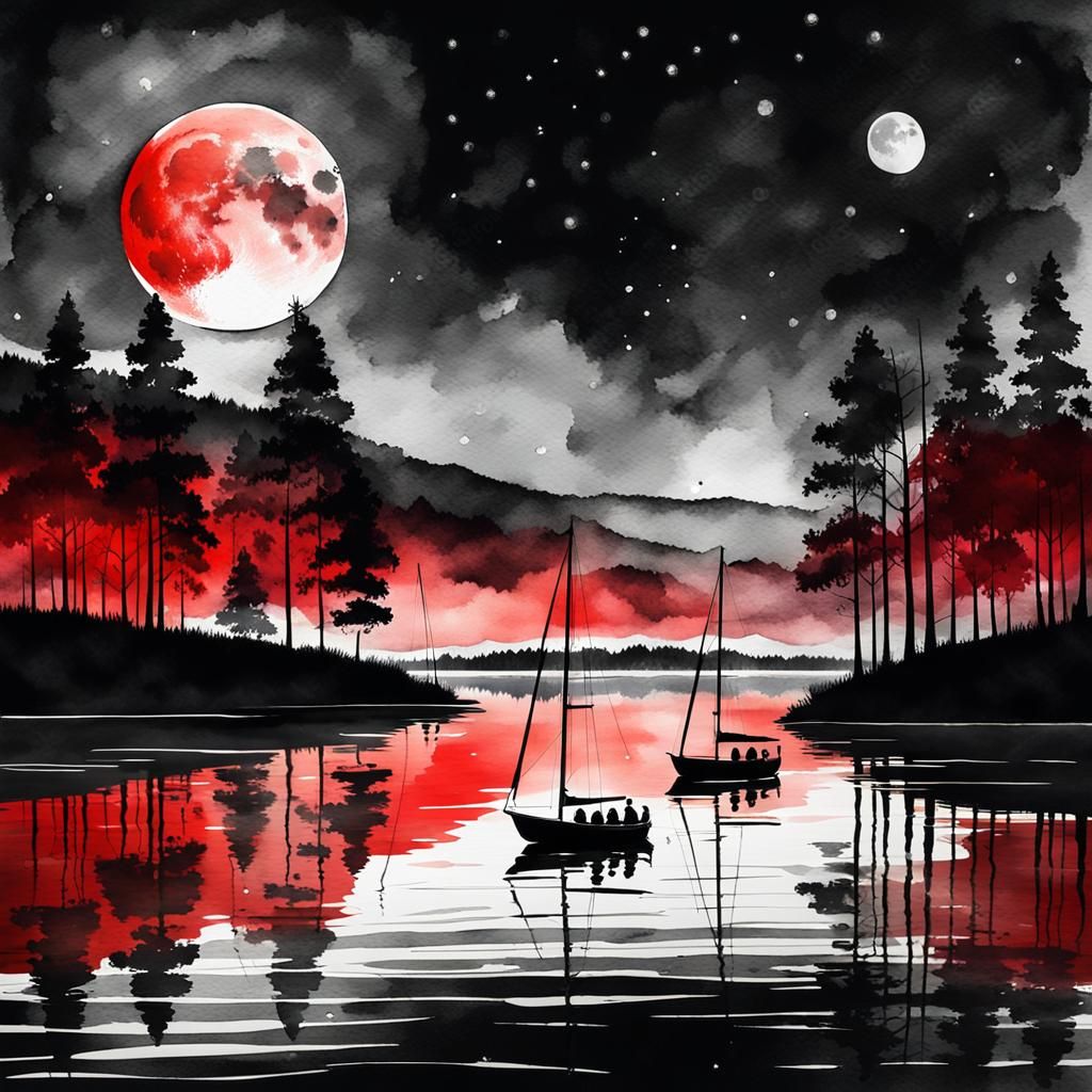 Night Landscape in Soft Watercolor with Red Moon