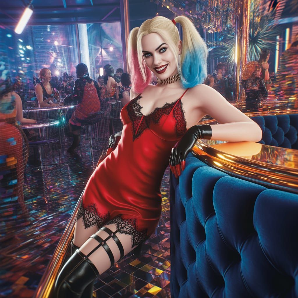 Harley Quinn in Red Lace Dress, Nightclub Photo