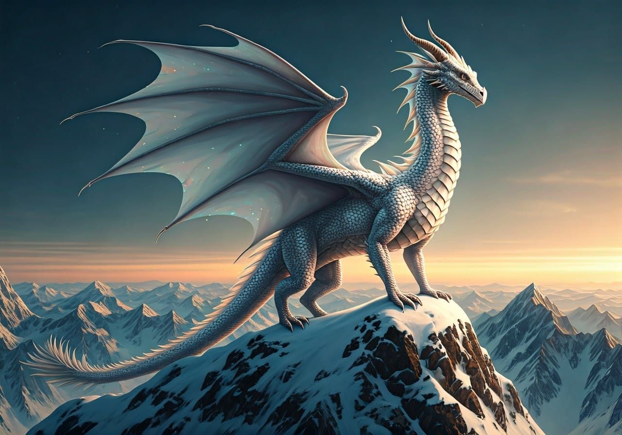 Albino Dragon on Snowcapped Peak, Photorealistic