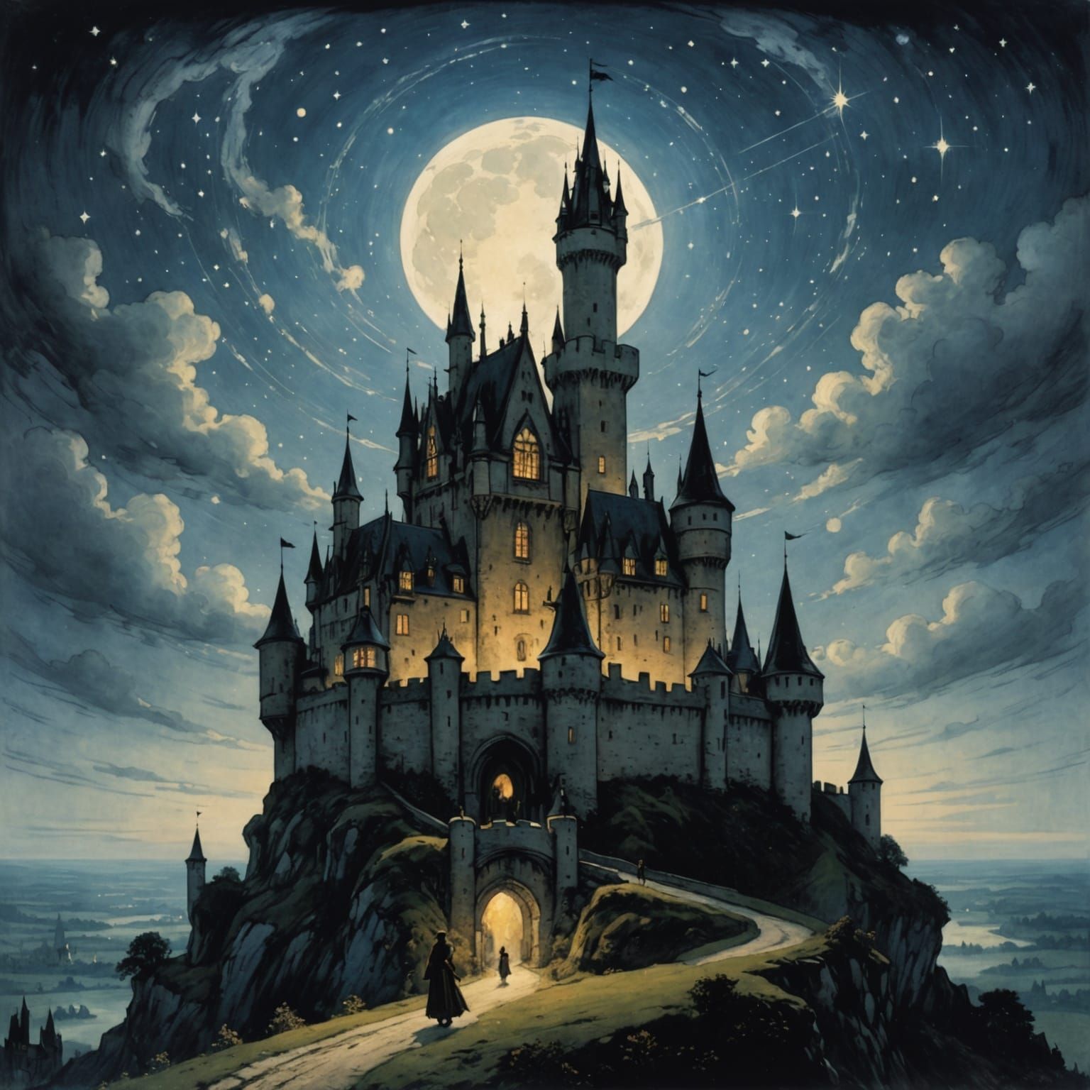 Fairy Tale Castle Under Starry Night Sky