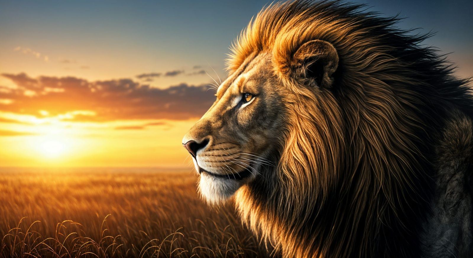 Regal Lion Dominates Golden Sunset Savanna