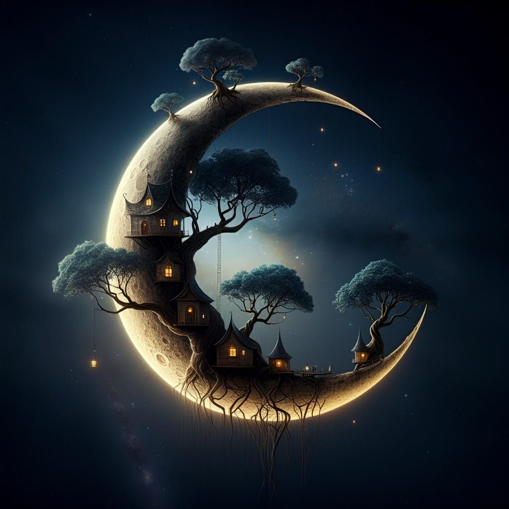 Luminous Lunar Village in a Fantastical Crescent Moon