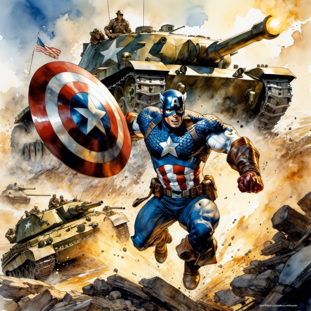 Muscular Captain America Portrait Jumping Over Tank
