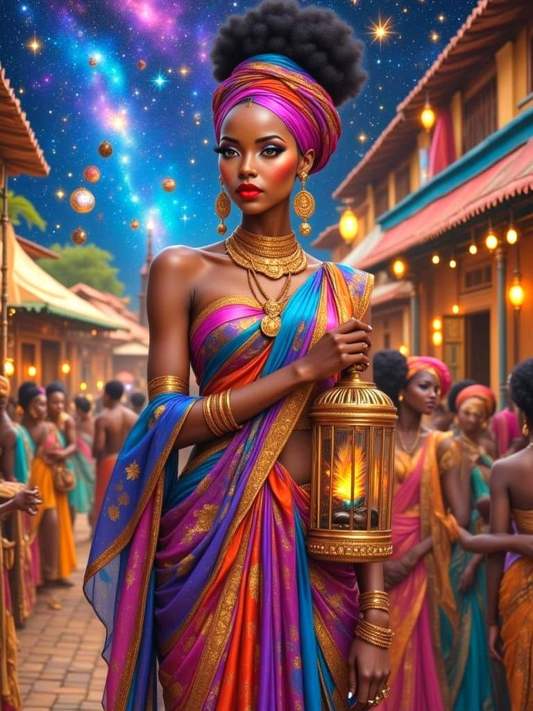 Celestial African Lady in Surreal Bazaar