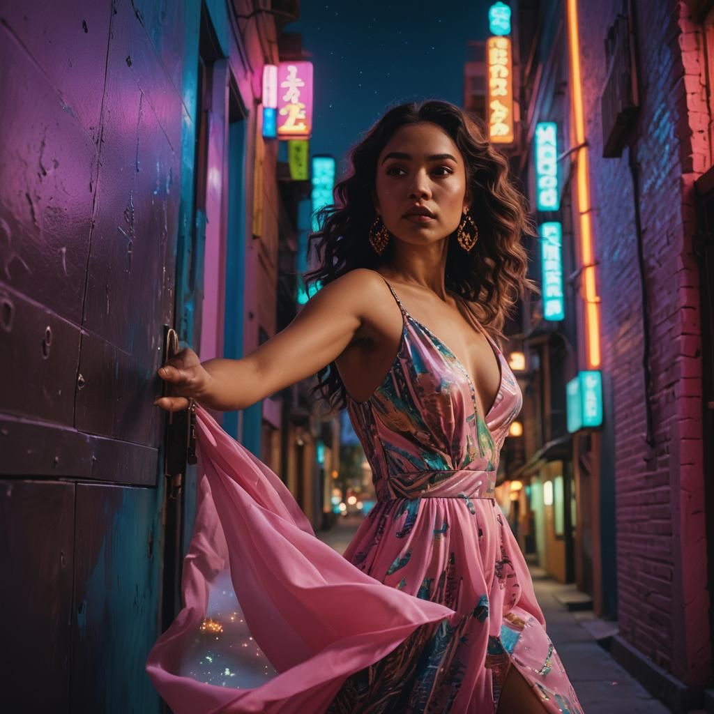 Latina Woman Reveals Neon Cityscape in Neon-Noir Style