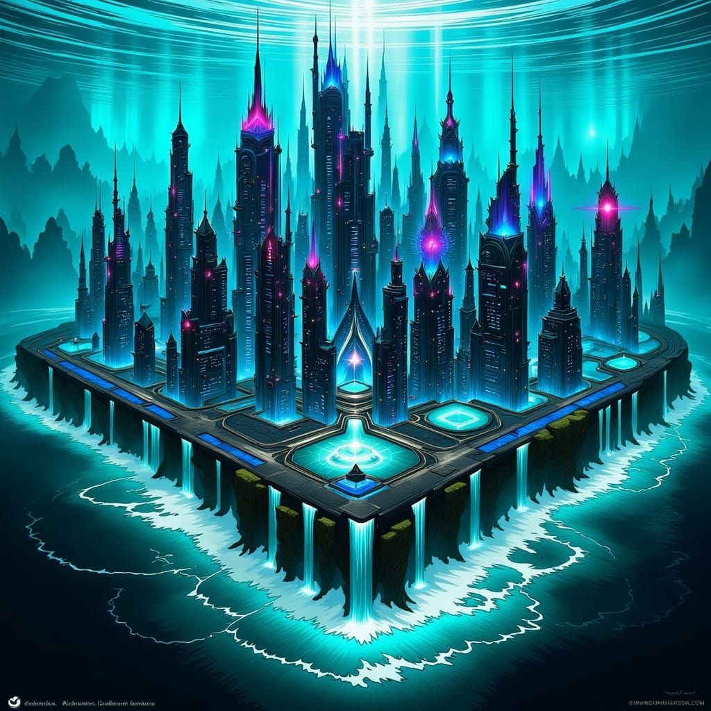 Underwater Cyberpunk Cityscape with Neon Lights