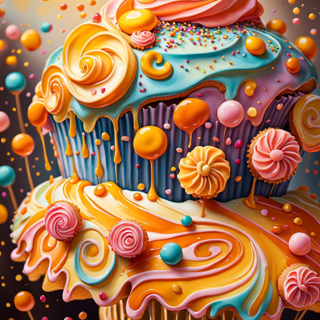 Gaudi-Inspired Cupcake in Vibrant Oil Painting Style