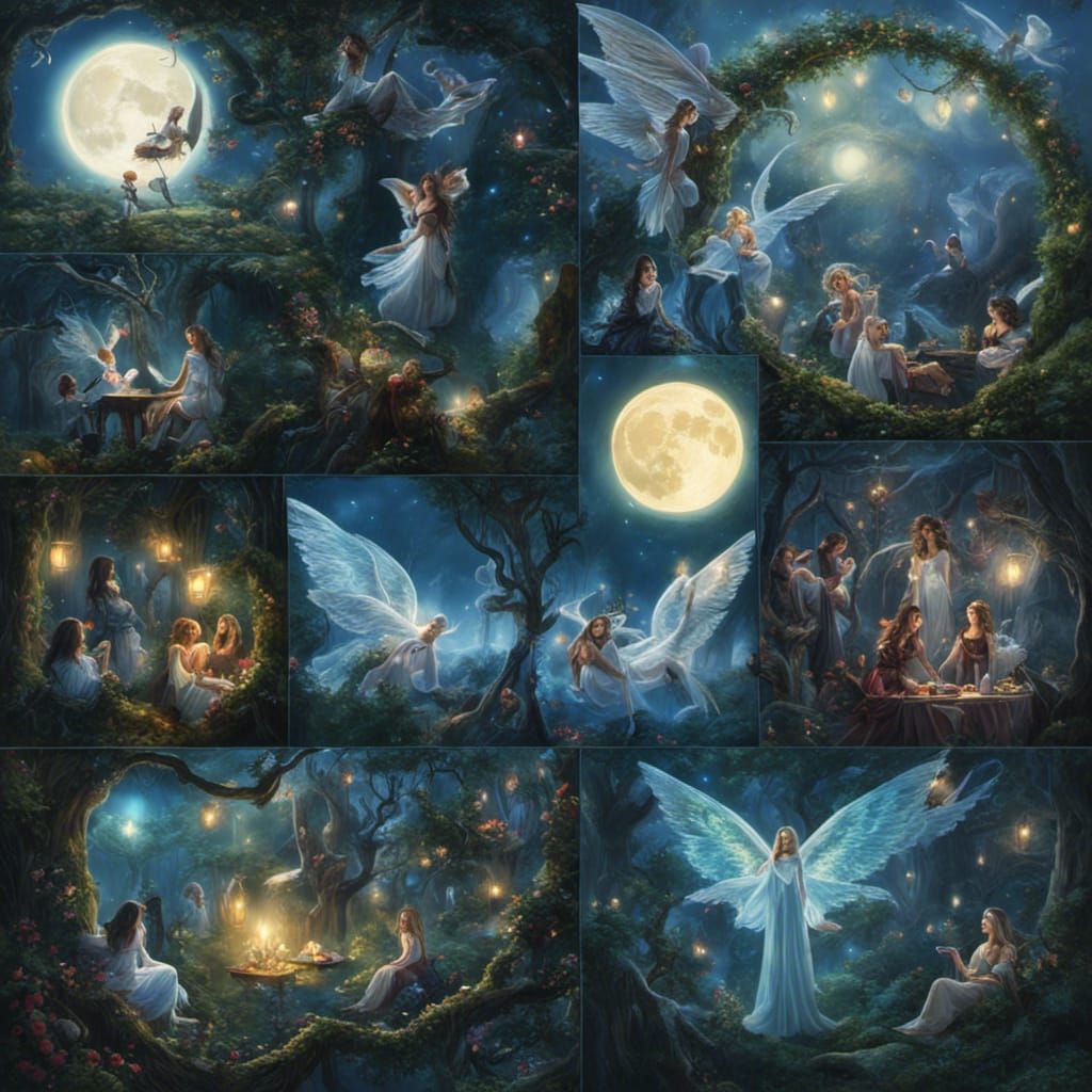 Bioluminescent Angels and Fairies in a Moonlit Fantasy
