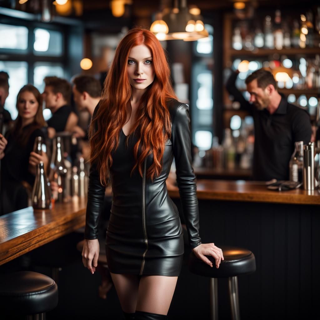 Redhead in Leather at Crowded Bar: Professional Photography