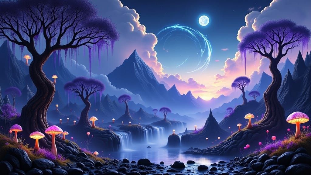 Ethereal Twilight Landscape with Glowing Trees