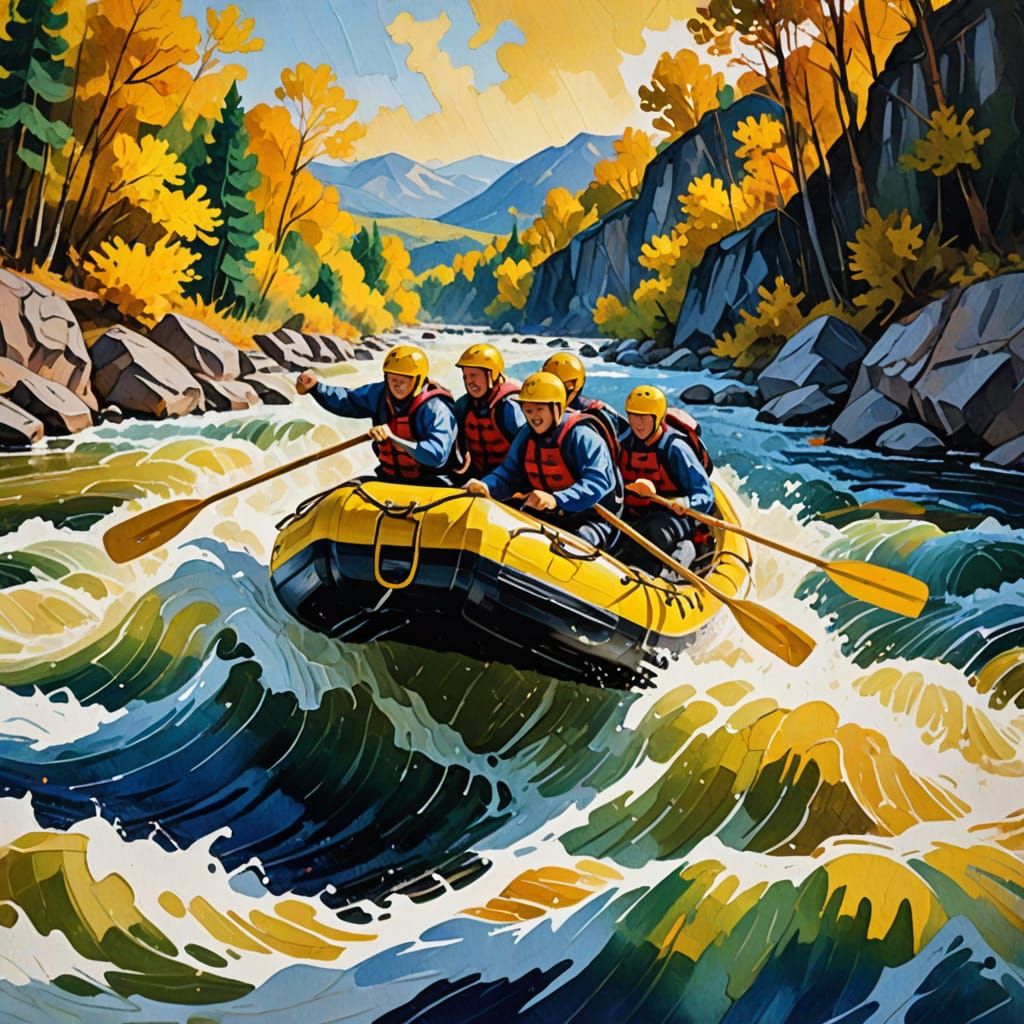 River Rafting in Vibrant Gouache Style