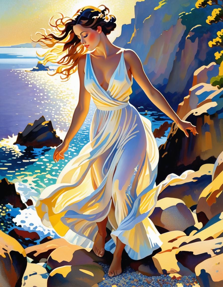 Woman Dancing on Rocky Shore in Pointillism Style