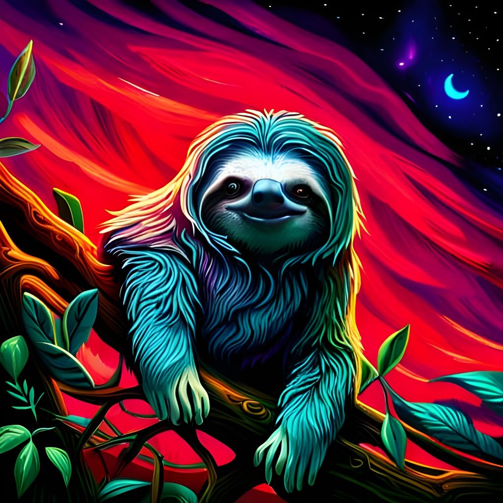Cosmic Sloth in Tree: Synthwave Fantasy Art