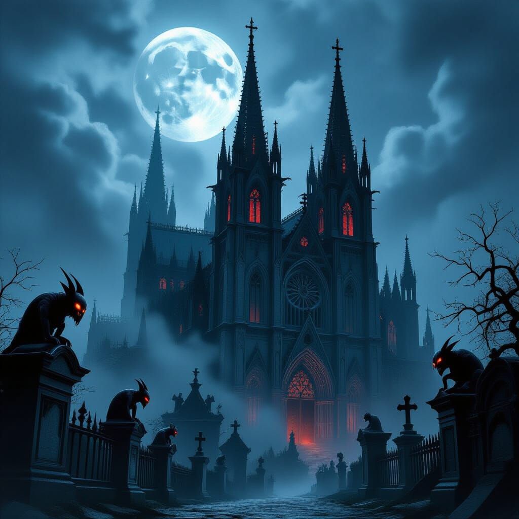 Gothic Cathedral in Graveyard with Gargoyles