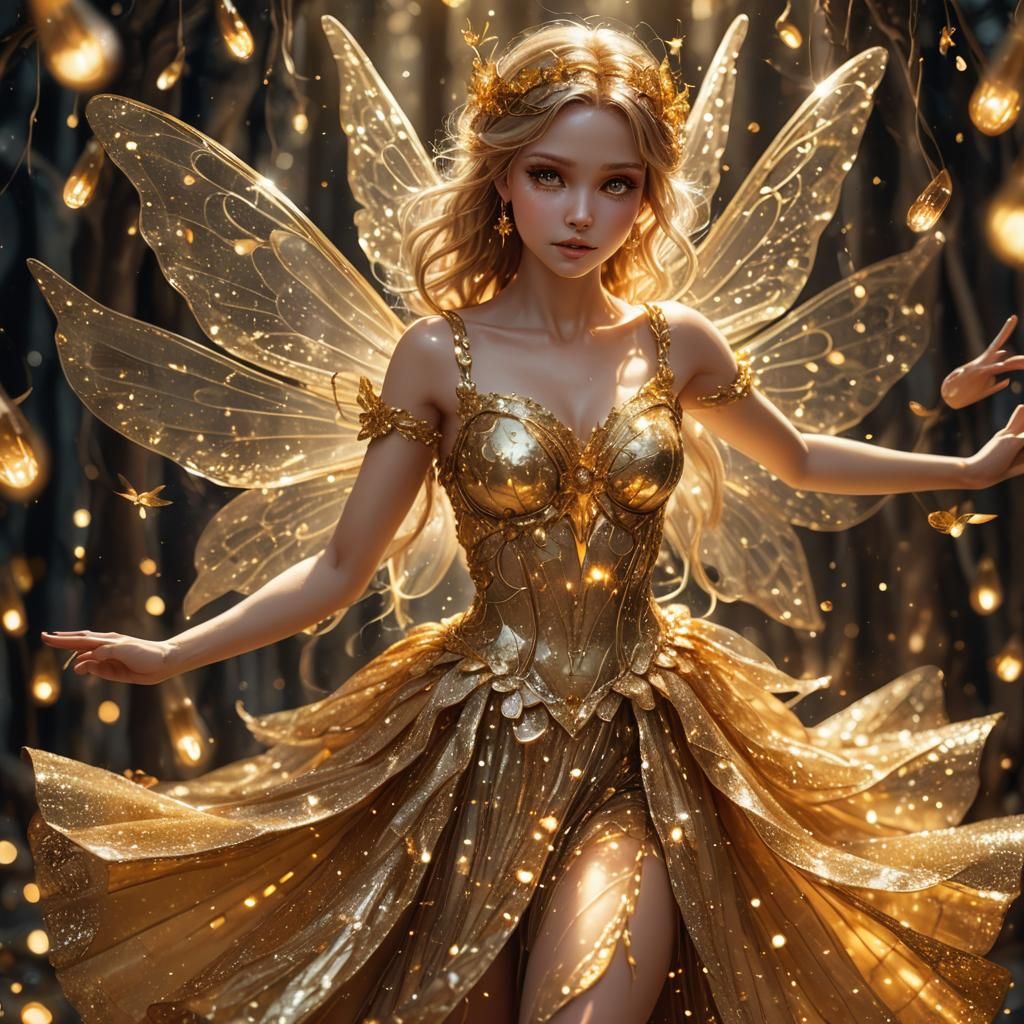 Golden Fairy Dancing with Magic Fireflies