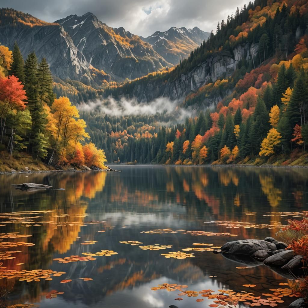 Autumn Forest Lake and Mountain Landscape