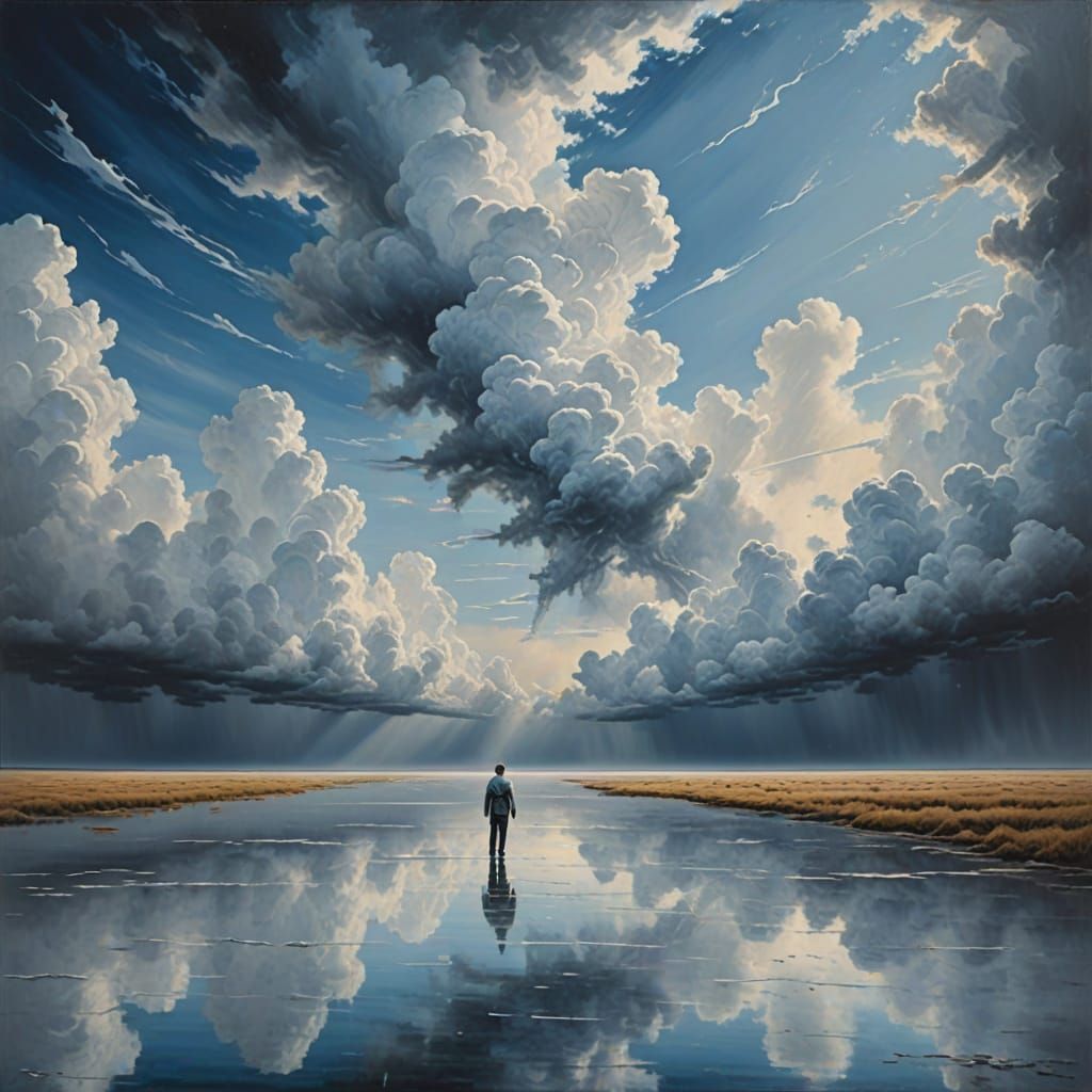 Surreal Figure Waters Sky, Forming Clouds in Poetic Painting