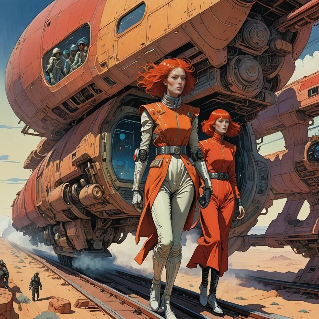 Android and Woman Race on Futuristic Train in Moebius Style