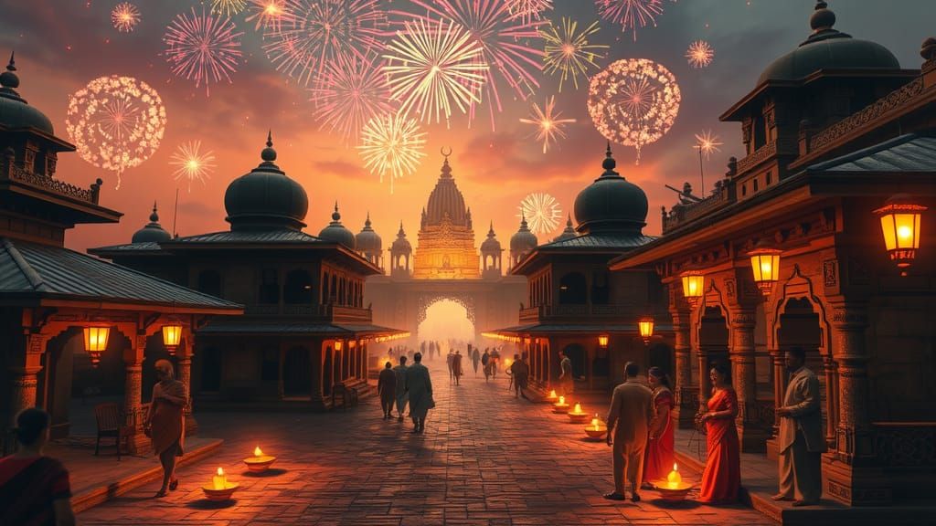 Enchanted Diwali night in a traditional Indian village, where lantern-lit streets