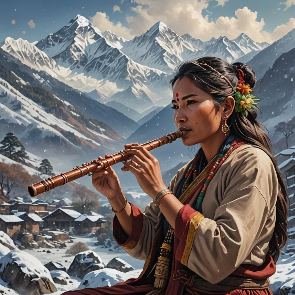 Nepalese Woman Plays Bansuri with Snowy Mountain