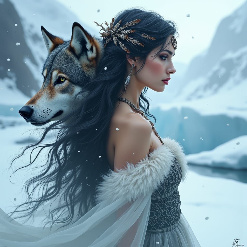 Mystical Maiden Merges with Wolf in Airbrushed Portrait