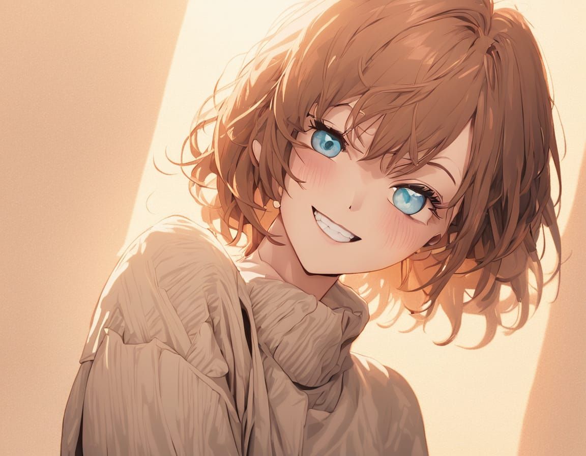 Anime Girl Portrait with Chestnut Hair and Blue Eyes