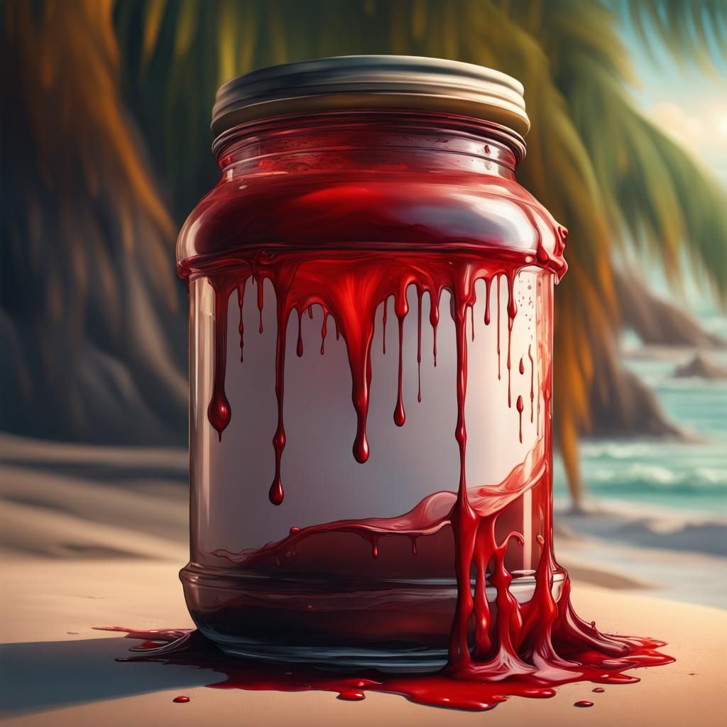 Hyperrealistic Jar with Bloody Scroll on Beach