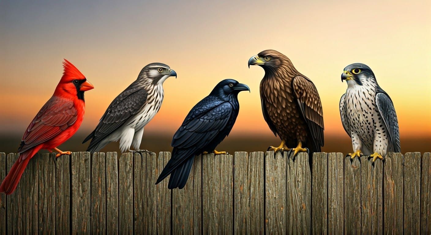 Majestic Birds Perched on Worn Wooden Fence at Sunset