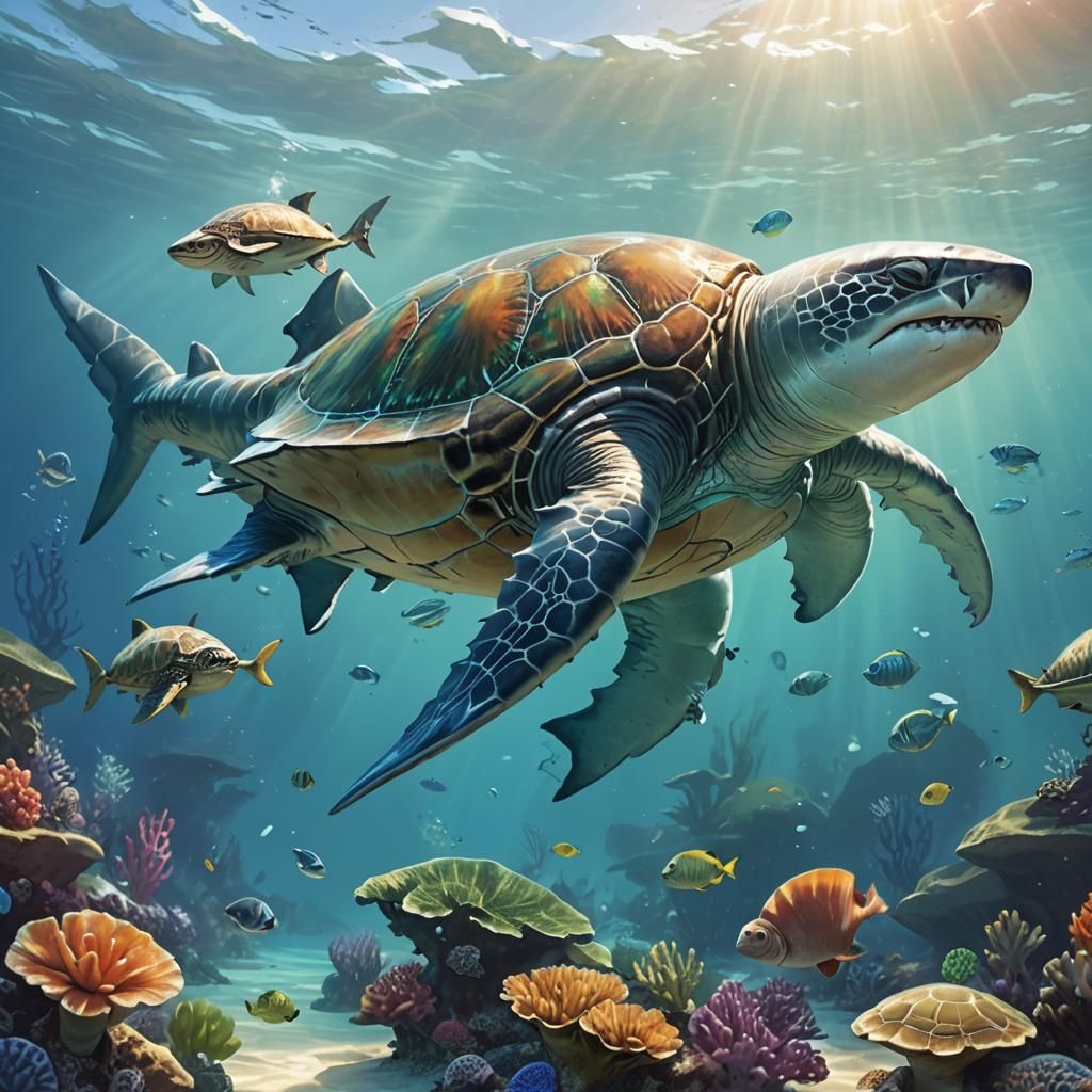Shark-Turtle Hybrid in Vibrant Coral Reef