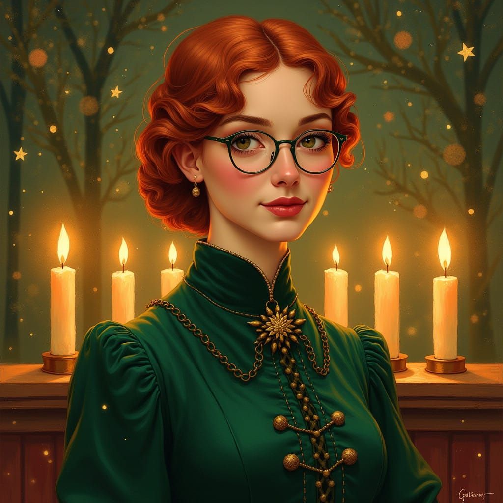 Retro Christmas Lady with Crimson Hair and Green Velvet Dres...